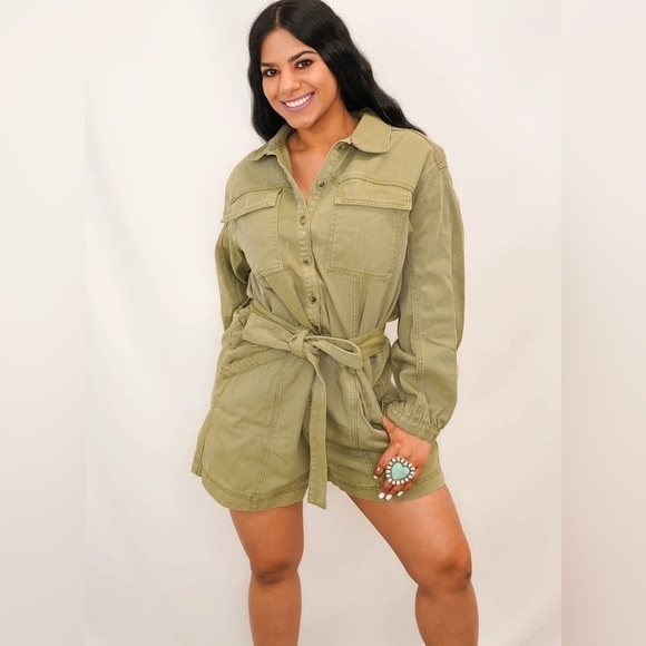 Listicle Army Green Romper Long Sleeve Belted Medium - Picture 1 of 7